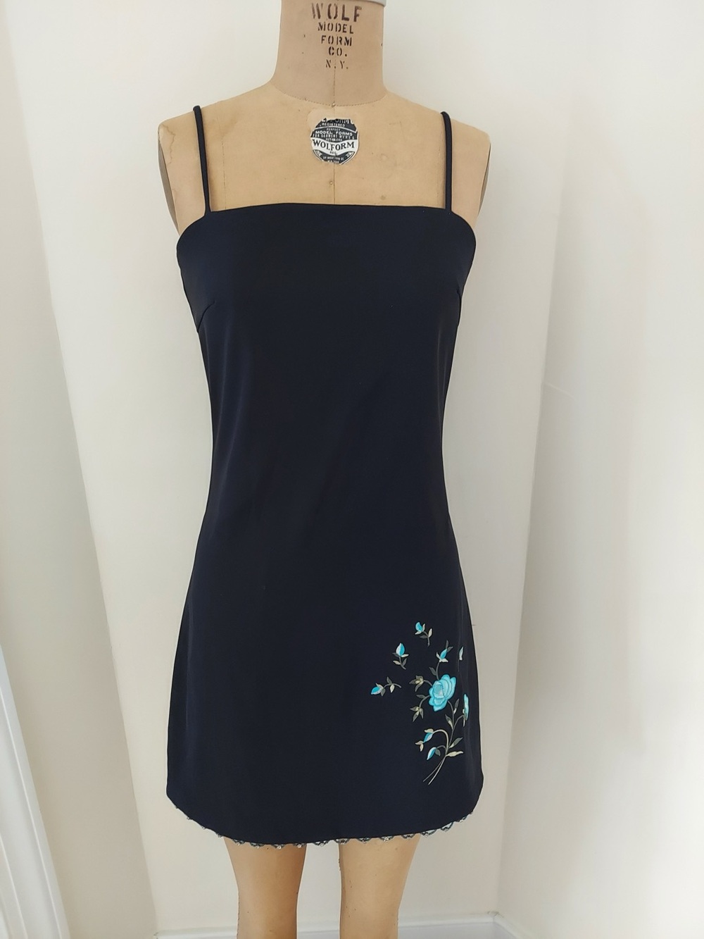 Black Mini Slip Dress with Blue Floral Accent